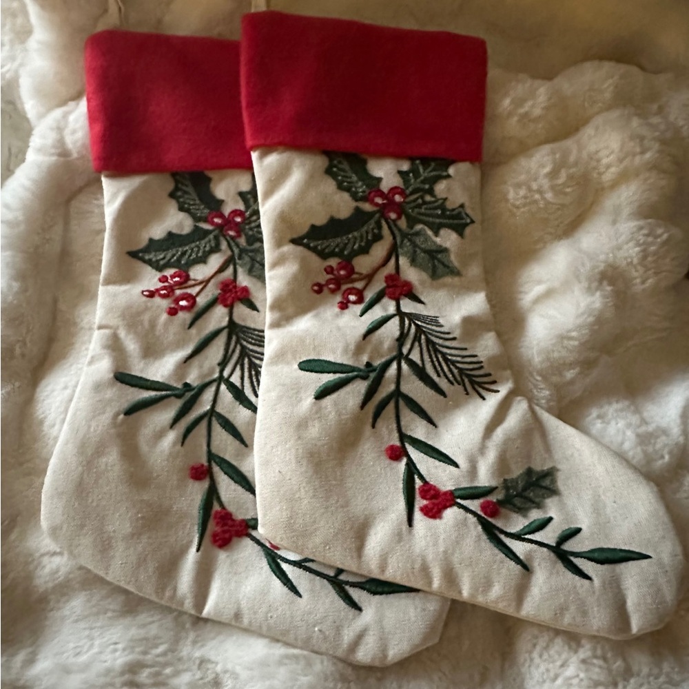 Festive Holiday Stockings with Red and Green Embroidery